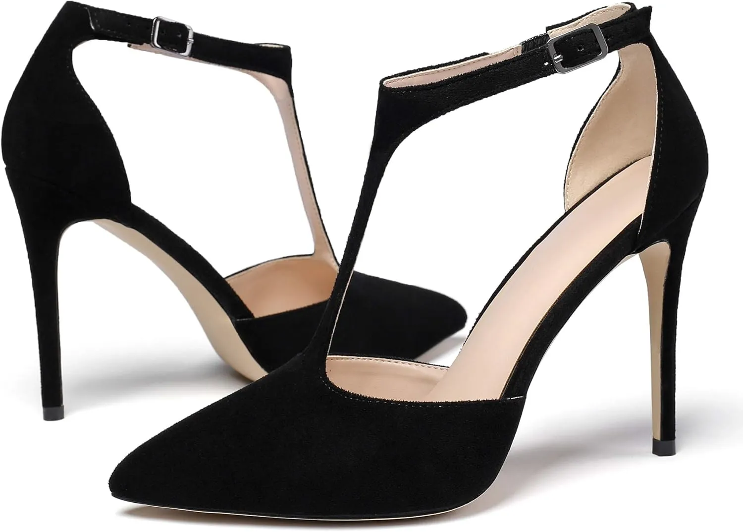 YODEKS Women's Pointed Toe T-Strap Cut Out Ankle Strap Stiletto High Heel Dress Party Pumps Shoes