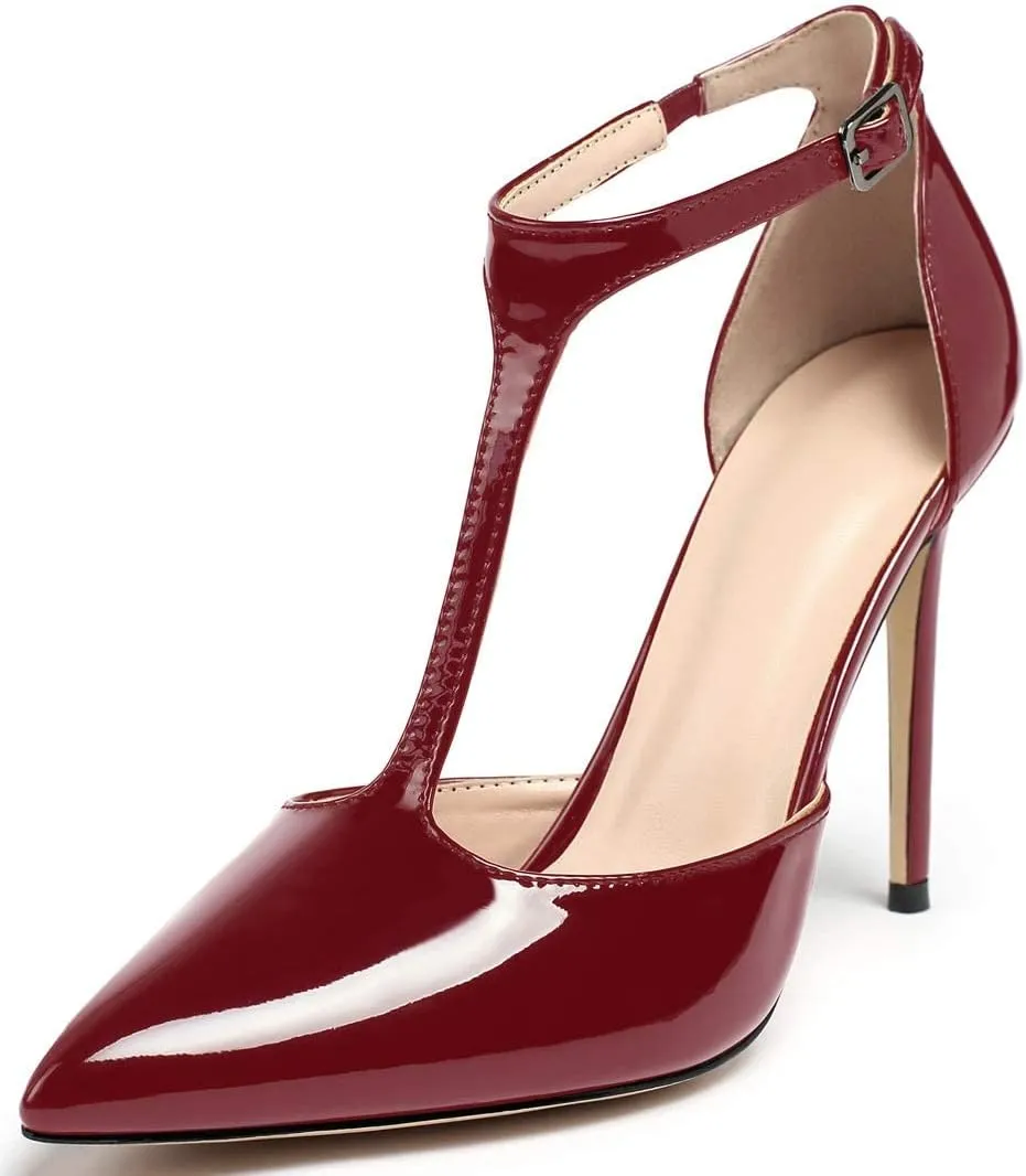 YODEKS Women's Pointed Toe T-Strap Cut Out Ankle Strap Stiletto High Heel Dress Party Pumps Shoes