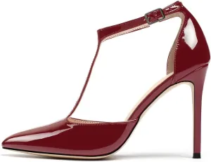 YODEKS Women's Pointed Toe T-Strap Cut Out Ankle Strap Stiletto High Heel Dress Party Pumps Shoes