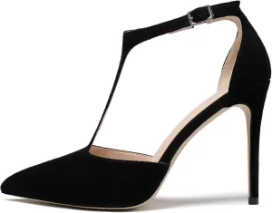 YODEKS Women's Pointed Toe T-Strap Cut Out Ankle Strap Stiletto High Heel Dress Party Pumps Shoes