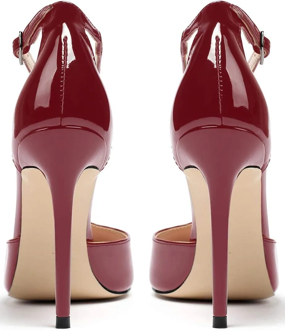 YODEKS Women's Pointed Toe T-Strap Cut Out Ankle Strap Stiletto High Heel Dress Party Pumps Shoes
