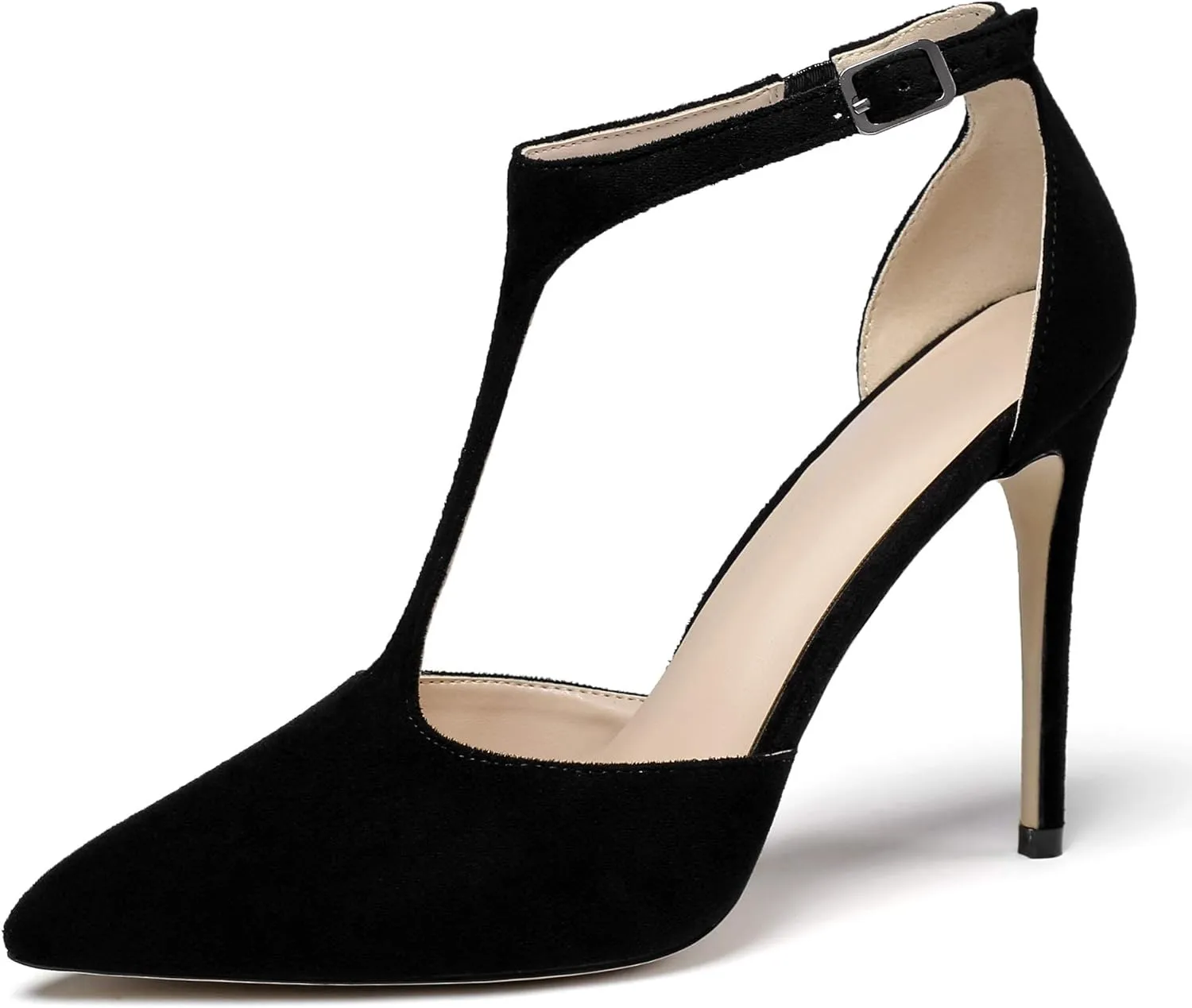 YODEKS Women's Pointed Toe T-Strap Cut Out Ankle Strap Stiletto High Heel Dress Party Pumps Shoes