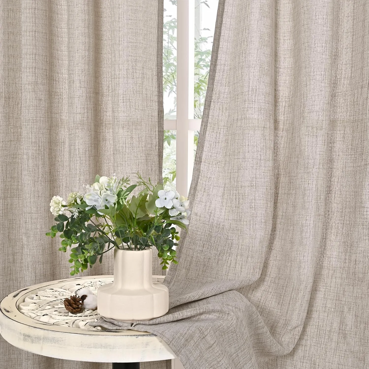 YoungsTex Linen Curtains 63 Inch Length 2 Panels for Living Room - Beige Semi Sheer Drapes Light Filtering with Bronze Grommet Netural Window Treatments for Bedroom Office Country, 52 X 63 Inch
