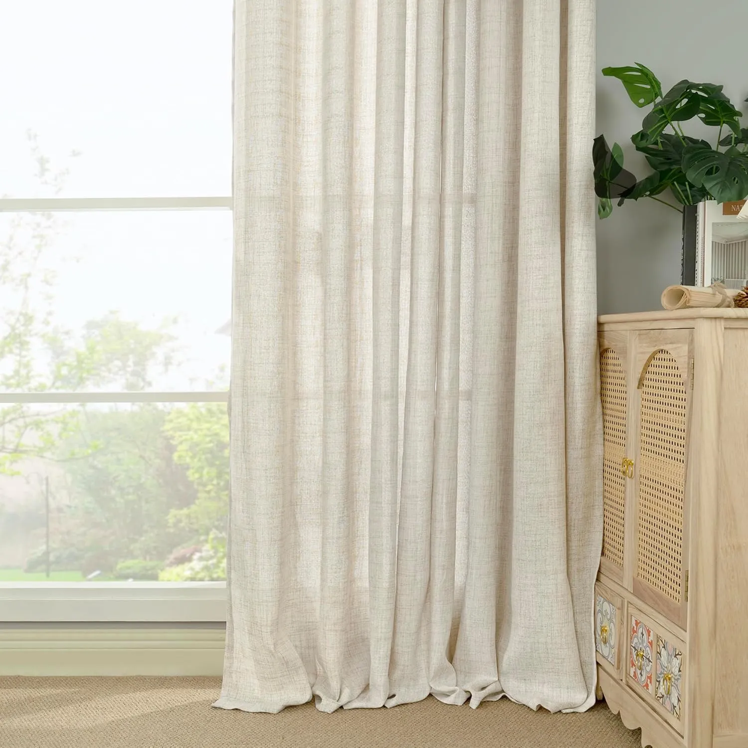 YoungsTex Linen Curtains 72 Inch Length for Living Room - Cream Semi Sheer Drapes Light Filtering with Back Tab Rod Pocket Rustic Window Treatments for Bedroom Country, 2 Panels, 52 X 72 Inch
