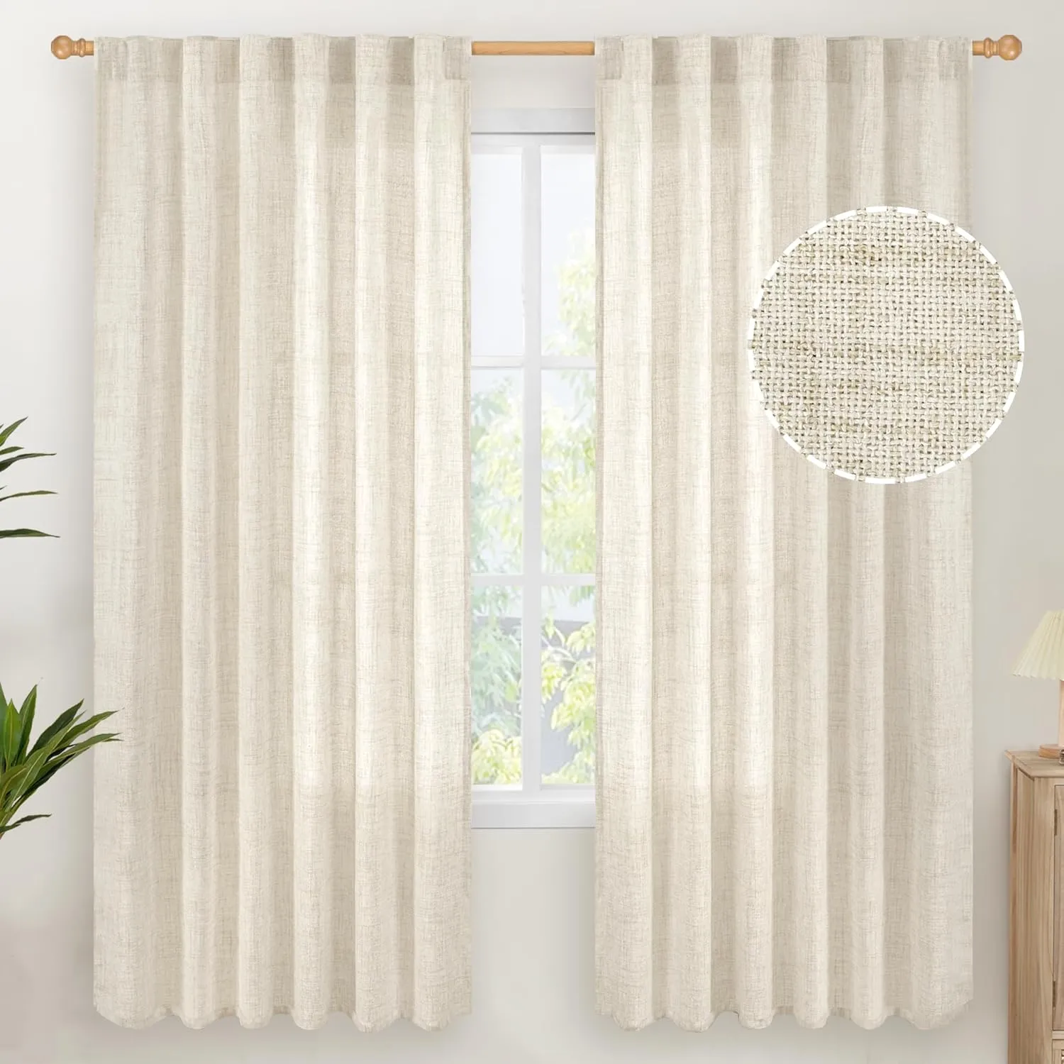 YoungsTex Linen Curtains 72 Inch Length for Living Room - Cream Semi Sheer Drapes Light Filtering with Back Tab Rod Pocket Rustic Window Treatments for Bedroom Country, 2 Panels, 52 X 72 Inch