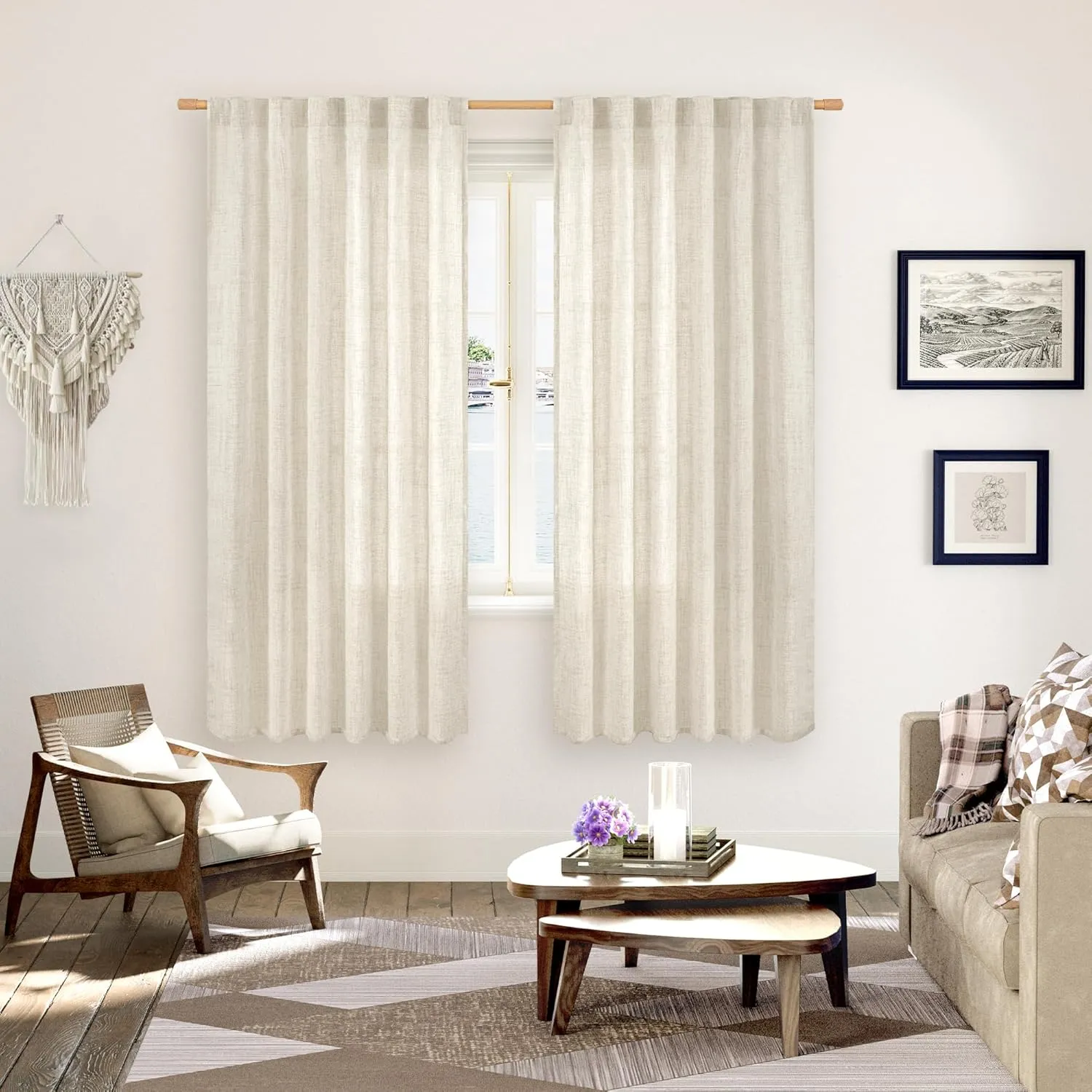 YoungsTex Linen Curtains 72 Inch Length for Living Room - Cream Semi Sheer Drapes Light Filtering with Back Tab Rod Pocket Rustic Window Treatments for Bedroom Country, 2 Panels, 52 X 72 Inch
