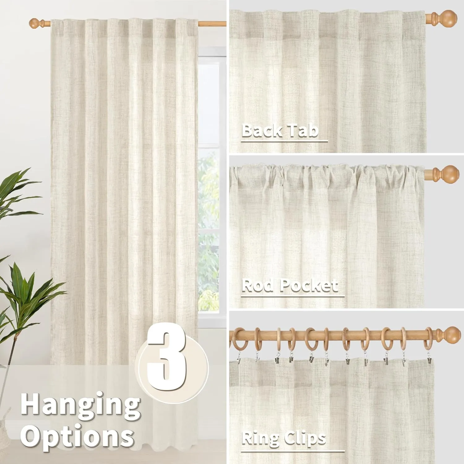 YoungsTex Linen Curtains 72 Inch Length for Living Room - Cream Semi Sheer Drapes Light Filtering with Back Tab Rod Pocket Rustic Window Treatments for Bedroom Country, 2 Panels, 52 X 72 Inch
