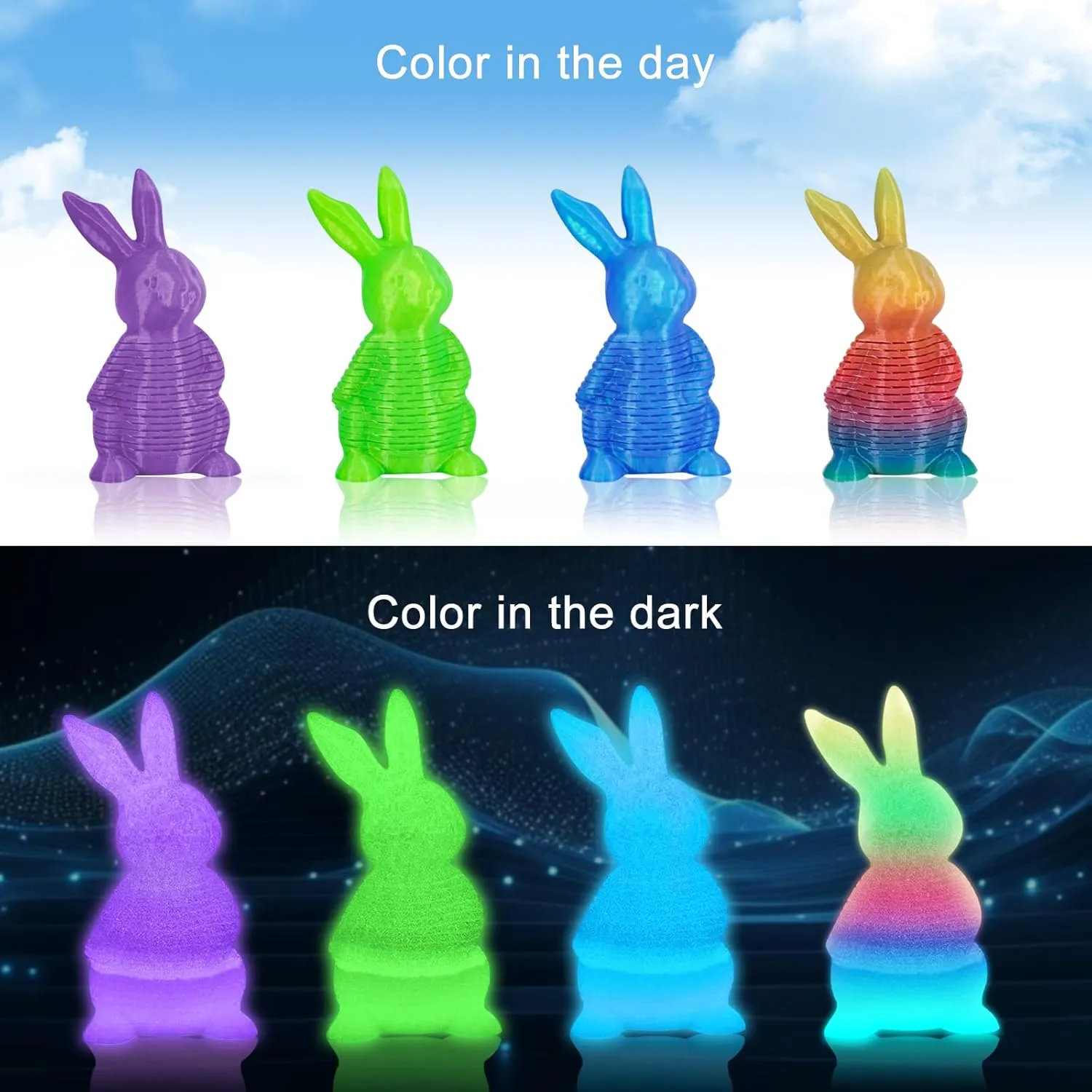 YOUSU 3D Printer Filament Bundle, Glow in The Dark Filament Multicolor, Green, Blue, Purple and Rainbow, PLA Filament 1.75 mm, Dimensional Accuracy  /- 0.03 mm, 250g X 4 Pack