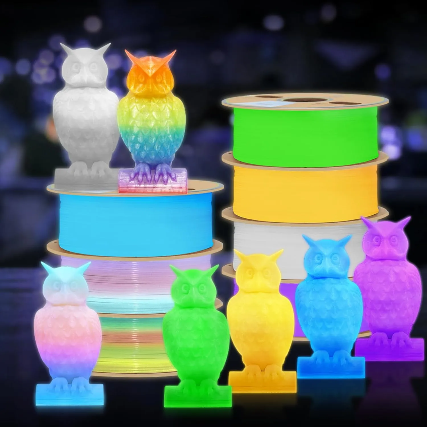 YOUSU 3D Printer Filament Bundle, Glow in The Dark Filament Multicolor, Green, Blue, Purple and Rainbow, PLA Filament 1.75 mm, Dimensional Accuracy  /- 0.03 mm, 250g X 4 Pack