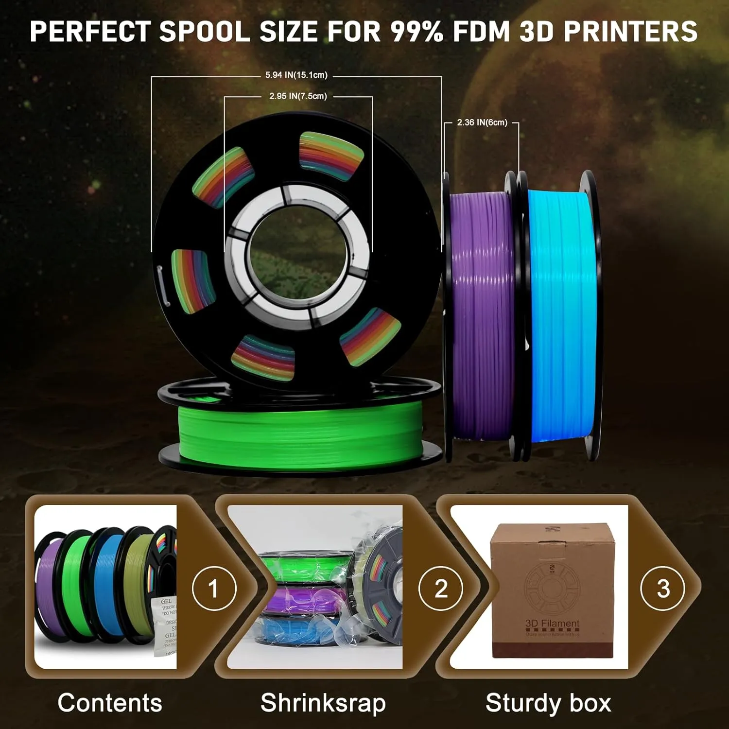 YOUSU 3D Printer Filament Bundle, Glow in The Dark Filament Multicolor, Green, Blue, Purple and Rainbow, PLA Filament 1.75 mm, Dimensional Accuracy  /- 0.03 mm, 250g X 4 Pack