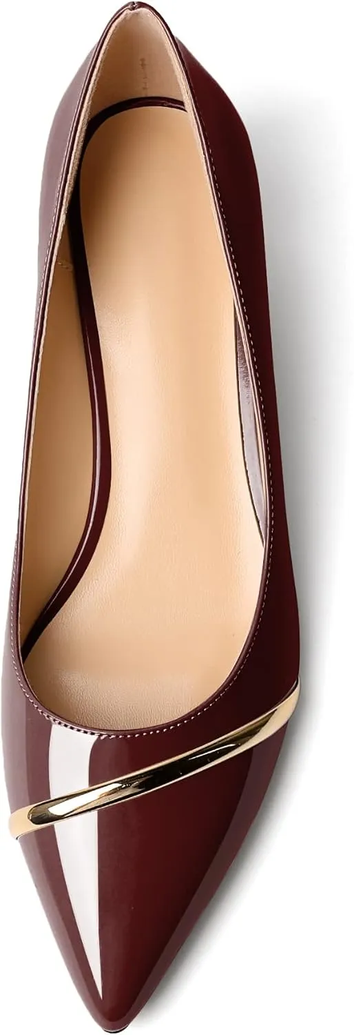 Zamikoo Women Pumps Kitten Heel Pointed Toe 1.5 Inches Stylish Instep Gold Strap Leather Patent Elegant Dress Shoes US Size 5- Size 13