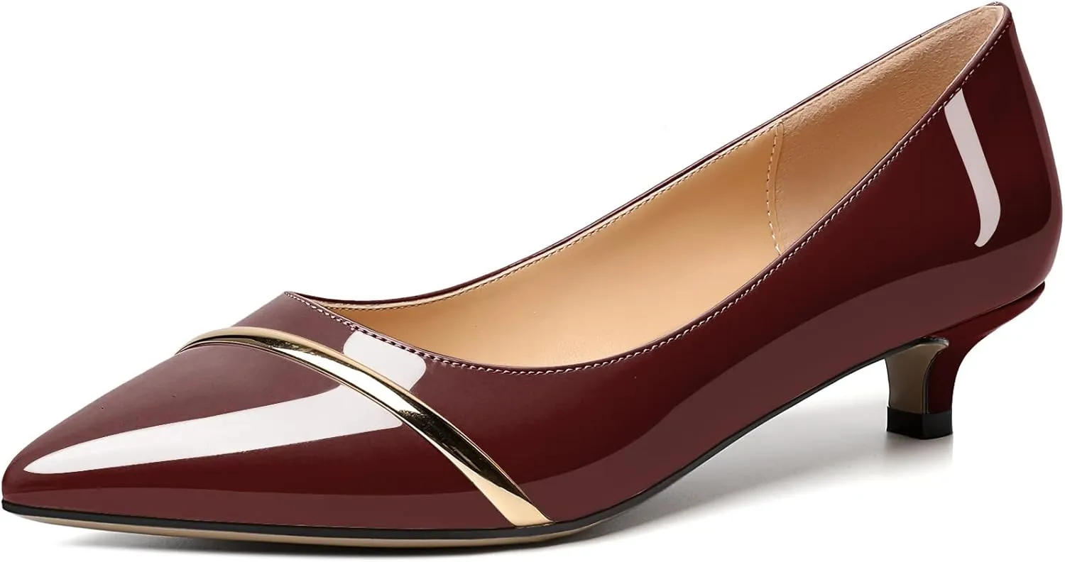 Zamikoo Women Pumps Kitten Heel Pointed Toe 1.5 Inches Stylish Instep Gold Strap Leather Patent Elegant Dress Shoes US Size 5- Size 13