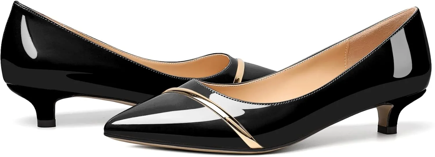 Zamikoo Women Pumps Kitten Heel Pointed Toe 1.5 Inches Stylish Instep Gold Strap Leather Patent Elegant Dress Shoes US Size 5- Size 13