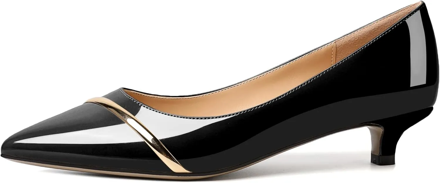 Zamikoo Women Pumps Kitten Heel Pointed Toe 1.5 Inches Stylish Instep Gold Strap Leather Patent Elegant Dress Shoes US Size 5- Size 13