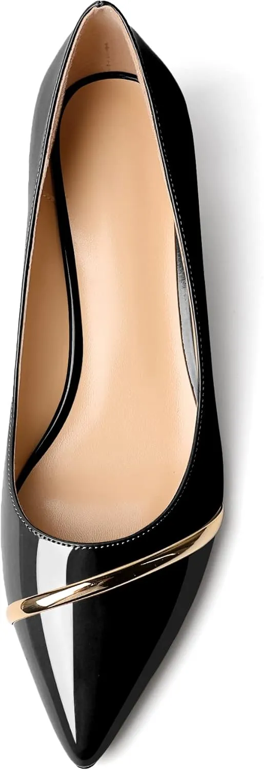 Zamikoo Women Pumps Kitten Heel Pointed Toe 1.5 Inches Stylish Instep Gold Strap Leather Patent Elegant Dress Shoes US Size 5- Size 13