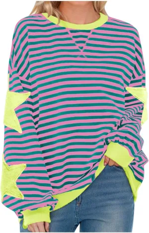 ZDRZK Striped Oversized Sweatshirt Women Long Sleeve Star Graphic Tee Shirts Crewneck 2024 Fall Loose Pullover Clothes