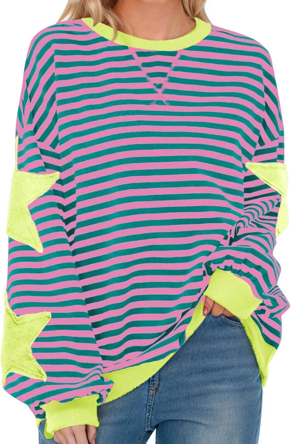 ZDRZK Striped Oversized Sweatshirt Women Long Sleeve Star Graphic Tee Shirts Crewneck 2024 Fall Loose Pullover Clothes