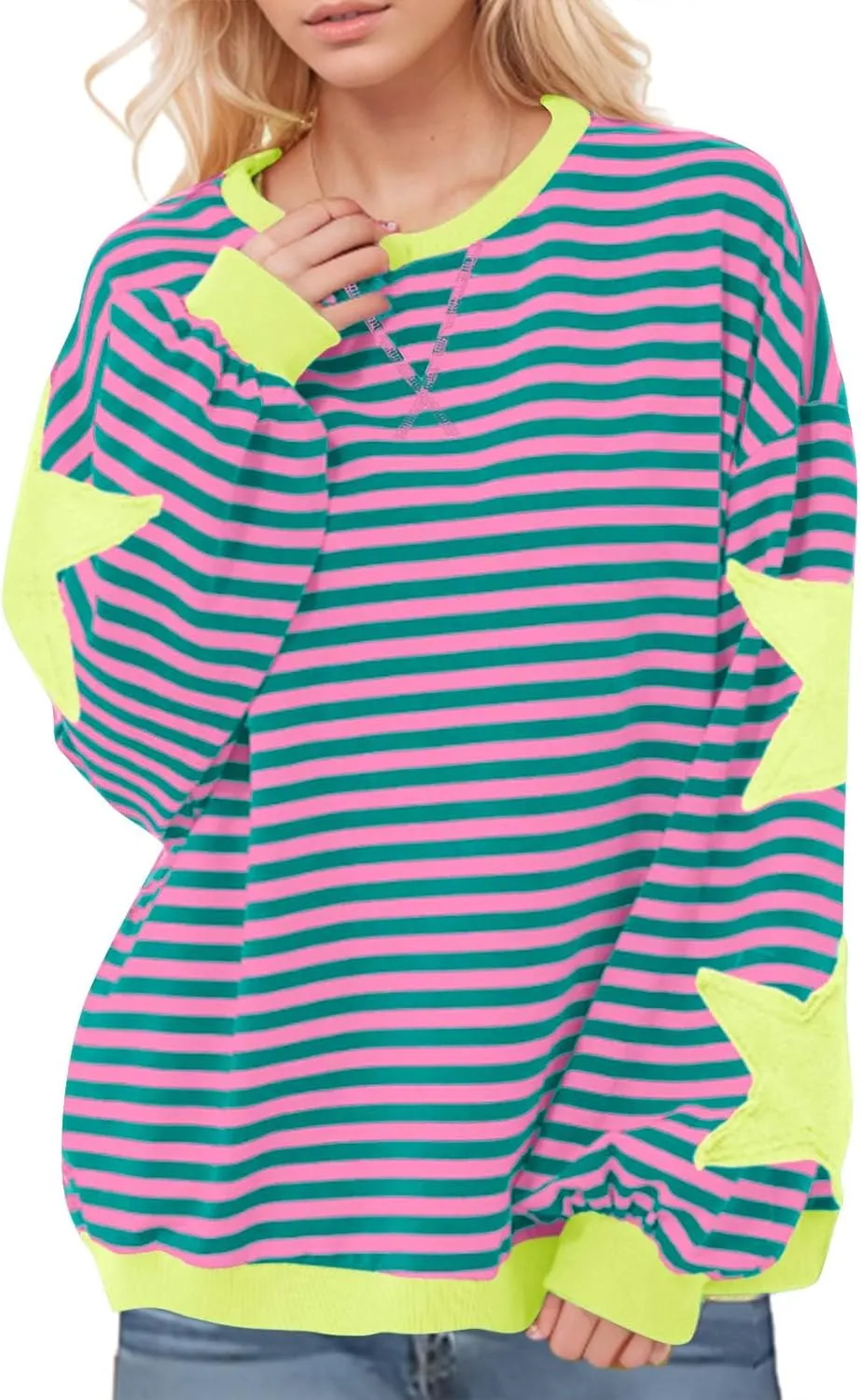ZDRZK Striped Oversized Sweatshirt Women Long Sleeve Star Graphic Tee Shirts Crewneck 2024 Fall Loose Pullover Clothes